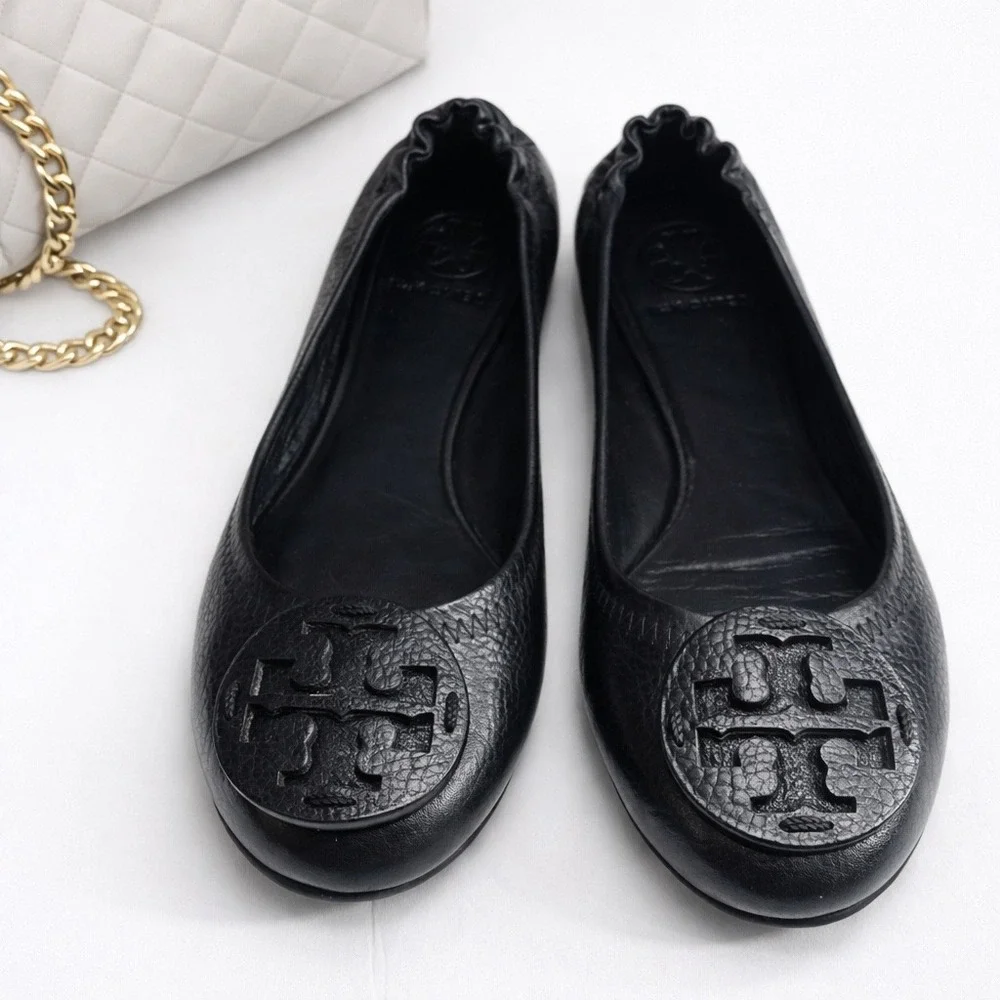 Tory Burch Reva Tumbled Leather Slip On‎ Ballet Flats in Classic Black Size 5.5